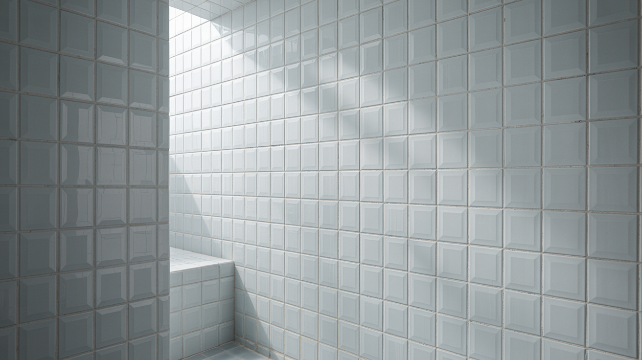 Minimalist bathroom wall with glossy, pale blue square tiles reflecting soft light. A narrow ledge and open space evoke a serene, modern ambiance.