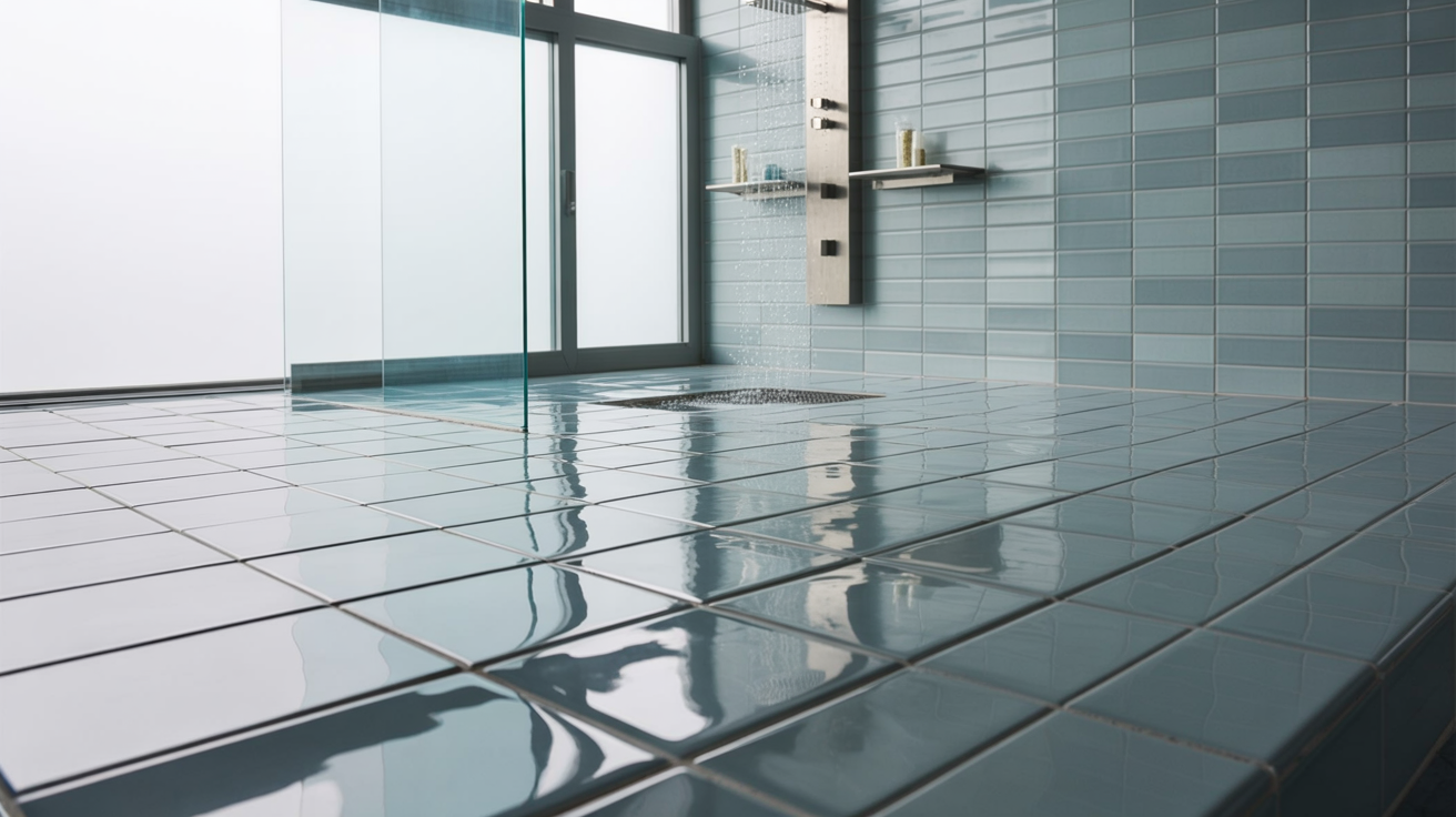Sleek, modern bathroom with glossy blue tiles on floor and walls, glass shower doors, and metal shelves. Bright, minimalistic, and clean atmosphere.