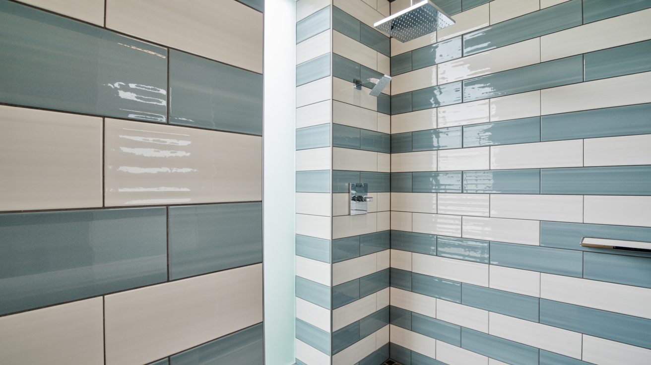 A modern shower with horizontal blue and white tiles creates a clean, fresh atmosphere. A chrome rain showerhead is mounted on the ceiling.