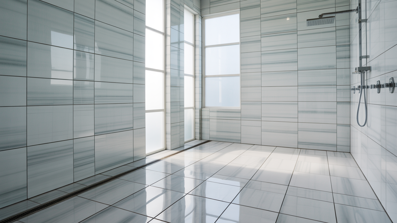 Spacious modern bathroom with large white and gray tiles. Sunlight streams through frosted windows, illuminating a sleek shower area, conveying cleanliness.