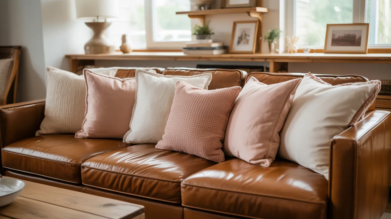 A cozy living room with a brown leather sofa adorned with plush pink and cream cushions. A wooden shelf with decor sits by a sunlit window, creating a warm ambiance.