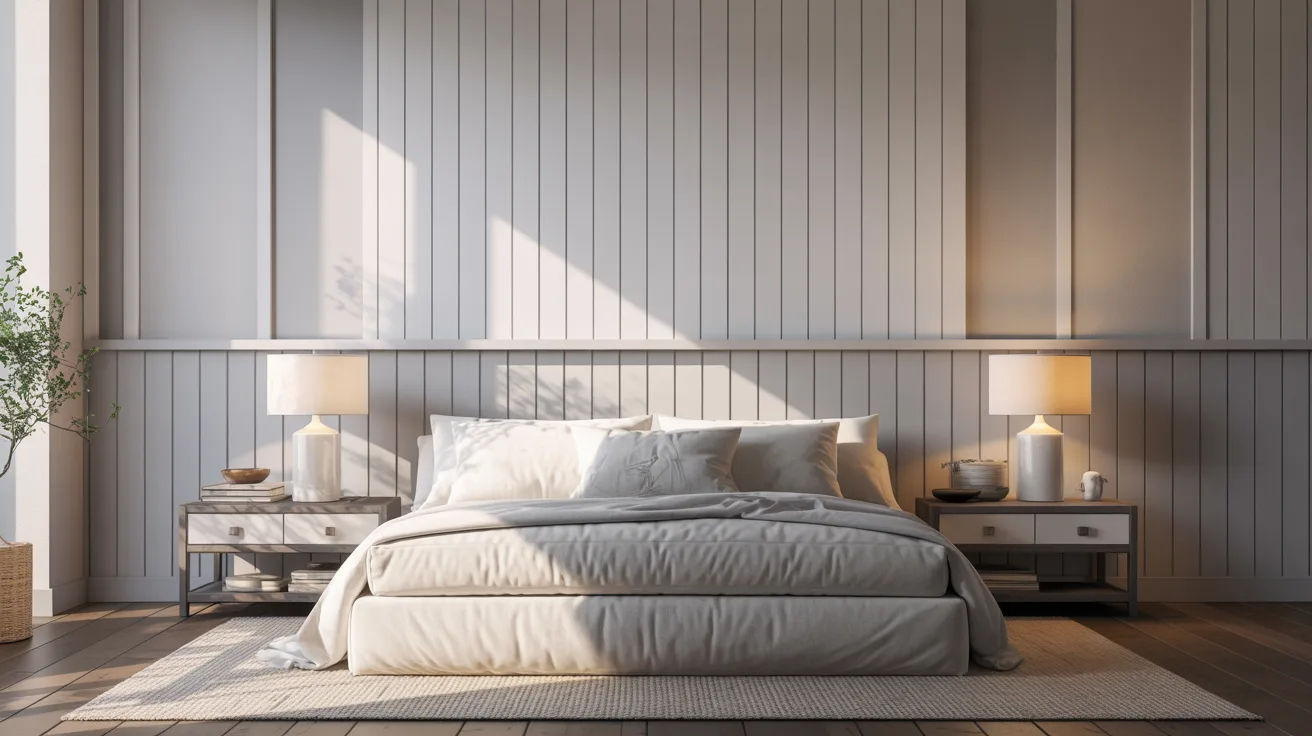 A serene bedroom with soft, neutral tones featuring a bed with white linens between two wooden nightstands. Warm sunlight streams through large windows, casting gentle shadows on a paneled wall, creating a calm, inviting atmosphere.