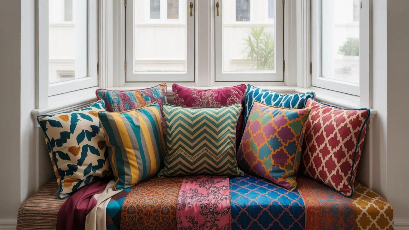 A cozy window nook features a vibrant mix of patterned pillows and a colorful patchwork quilt. The scene exudes warmth and comfort with bright geometric and floral designs.