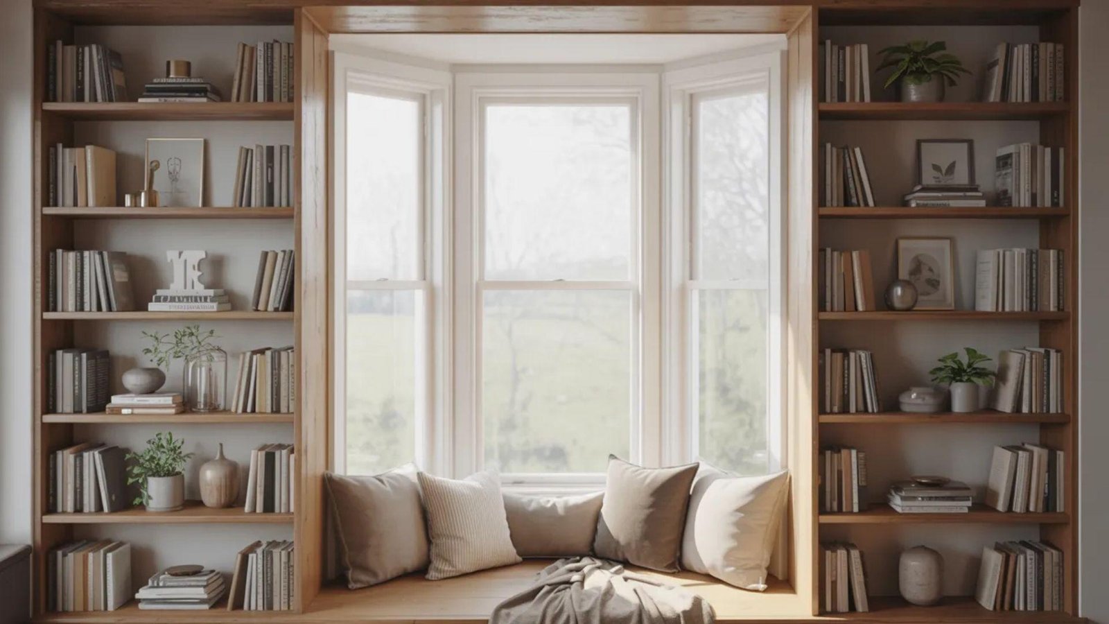 Cozy reading nook with a large bay window flanked by wooden bookshelves filled with books and decor. Soft pillows line the window seat, lit by natural light.