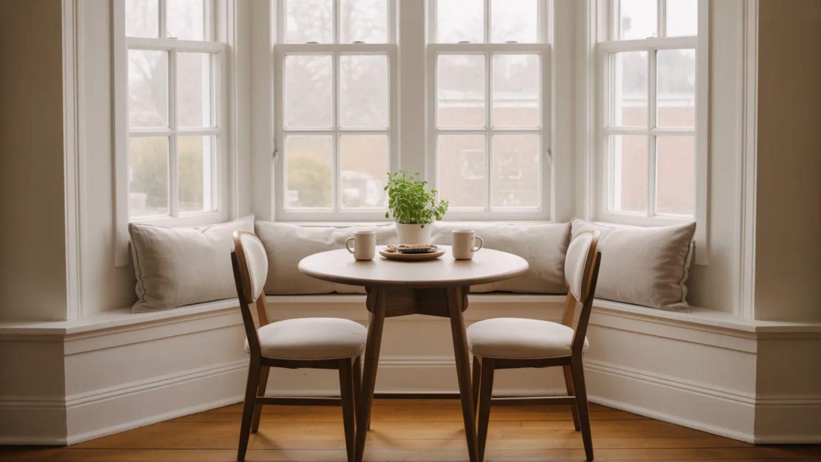 Cozy breakfast nook with a round wooden table, two chairs, and a pot of green plants. Large windows let in soft light, creating a serene atmosphere.