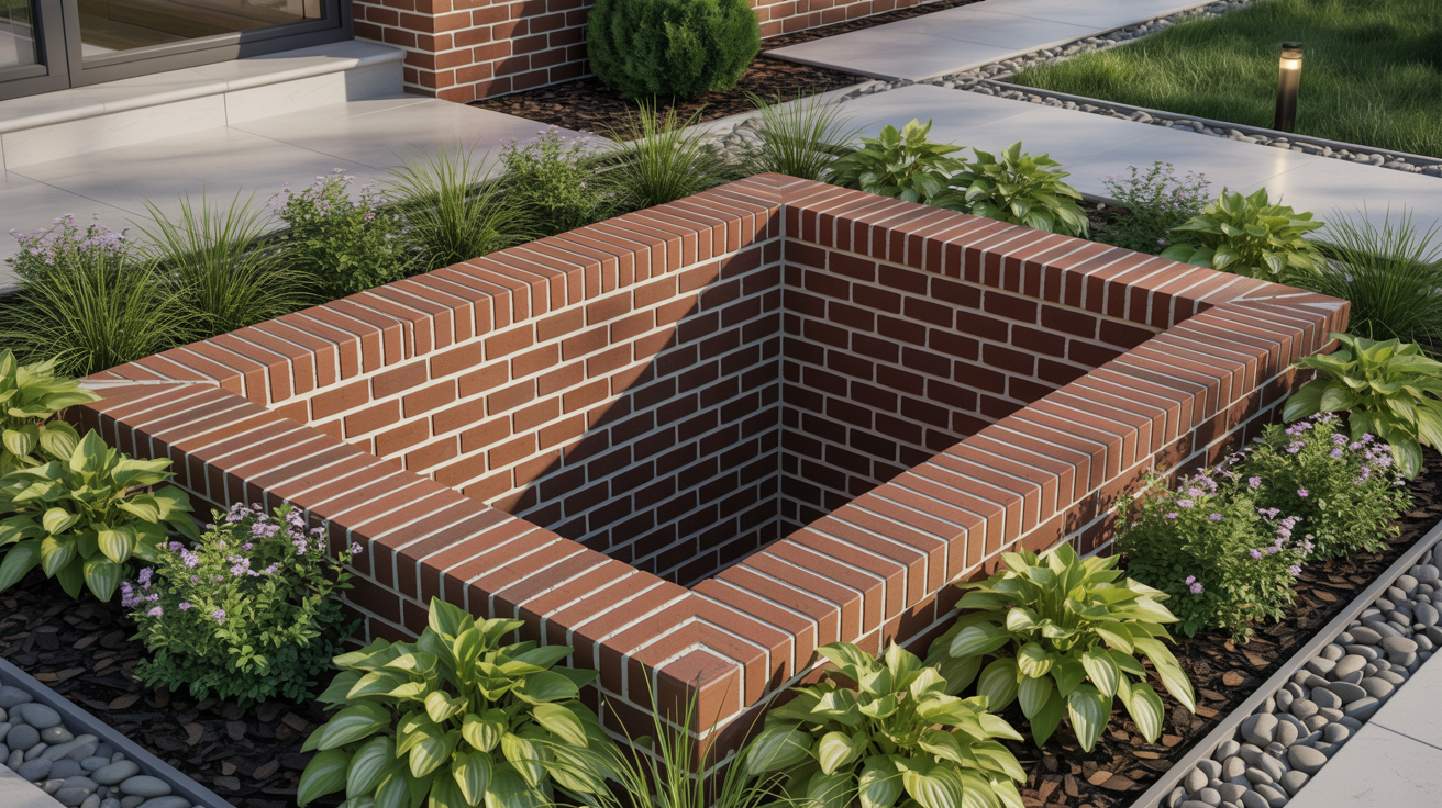 A square, brick-lined pit is surrounded by lush greenery and flowering plants in a landscaped garden. The scene is calm, with sunlight highlighting the textures.