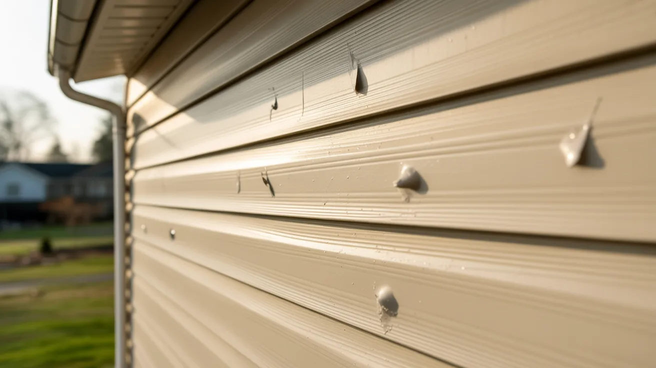 Close-up of beige vinyl siding with evident hail damage, showing small dents and cracks. The siding reflects sunlight, creating a warm, resilient tone.