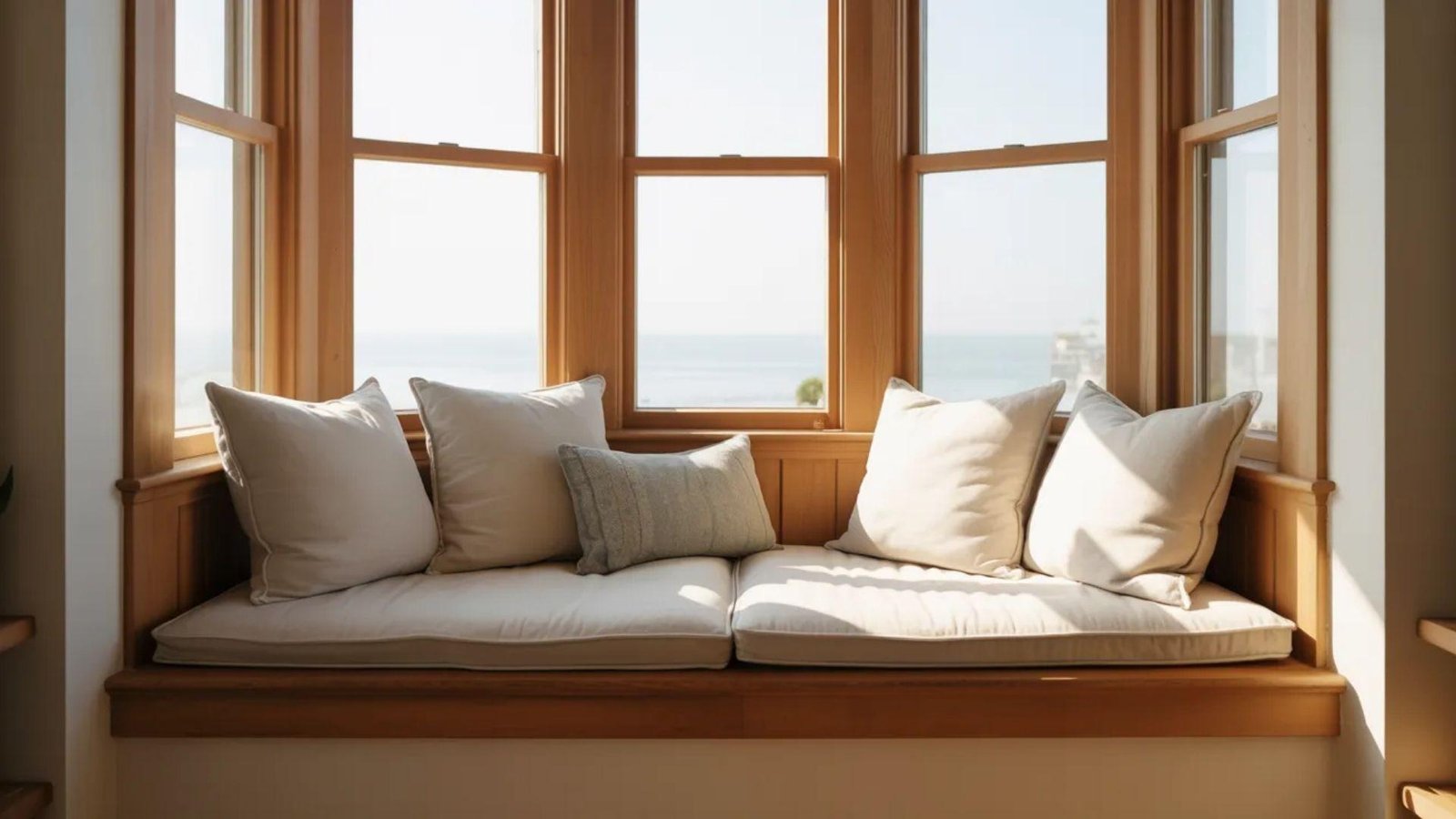 A cozy window seat with plump white cushions overlooks a serene ocean view through large bay windows, creating a peaceful and inviting atmosphere.