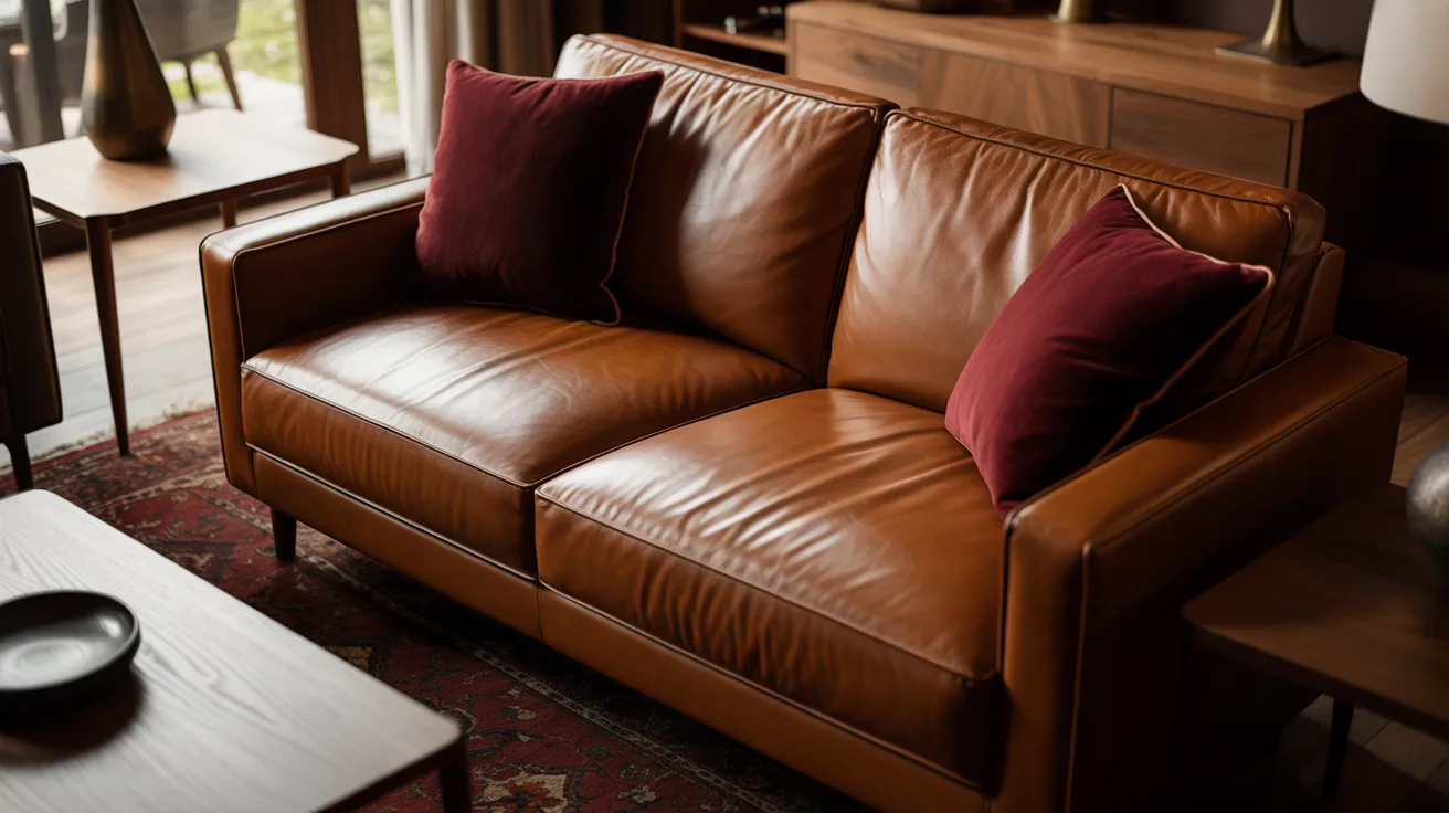 A cozy living room with a brown leather sofa adorned with two burgundy pillows. The setting has warm lighting, wooden furniture, and a patterned rug.