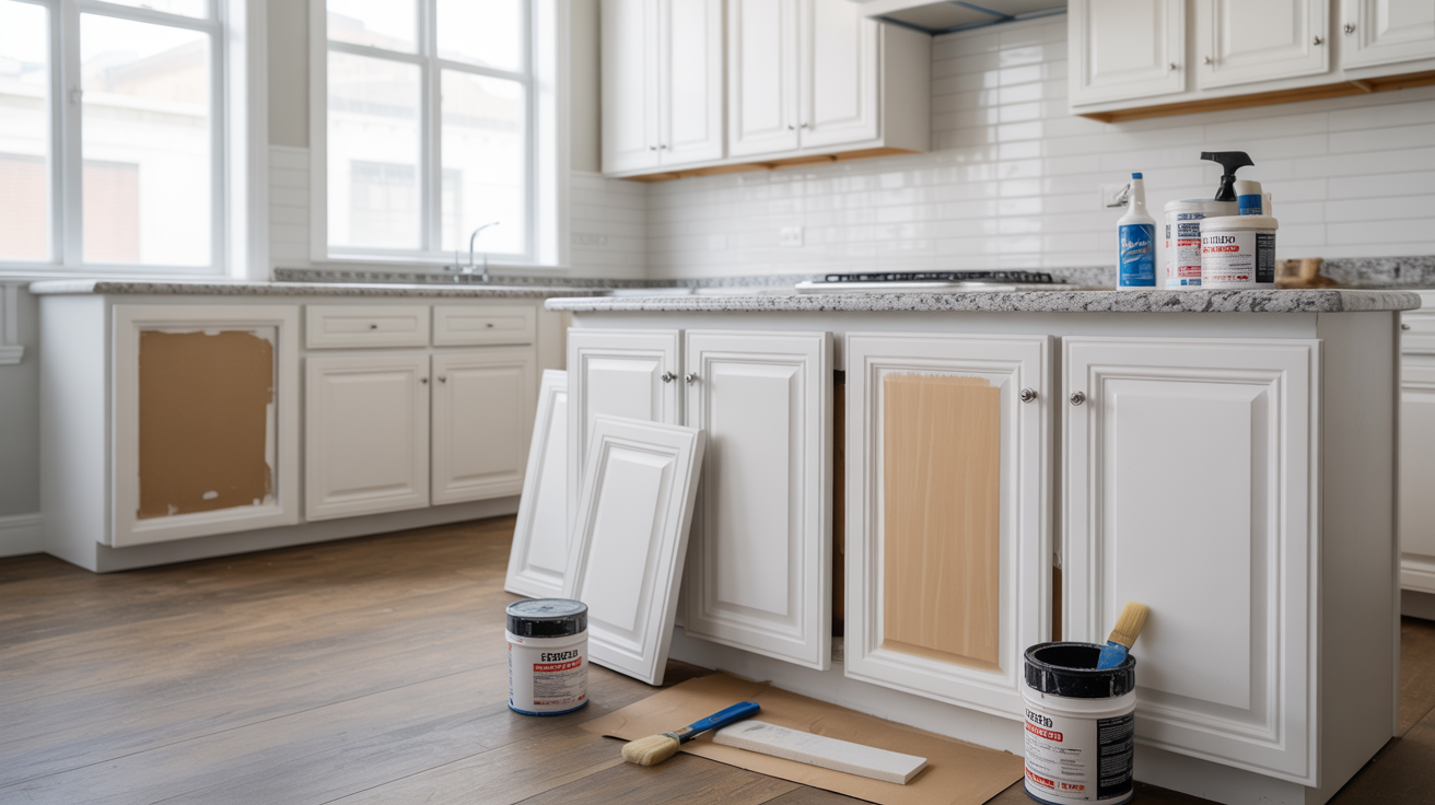 A bright kitchen with white cabinets undergoing renovation. Cabinet doors are removed, paint cans, brushes, and cleaner are placed on the floor, suggesting an ongoing project.