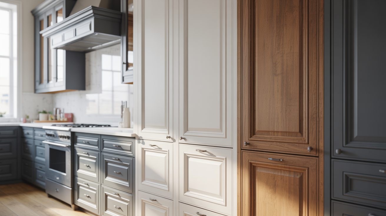 A modern kitchen features diverse cabinetry in white, wood, and gray tones. Sunlight streams through large windows, creating a warm, inviting atmosphere.