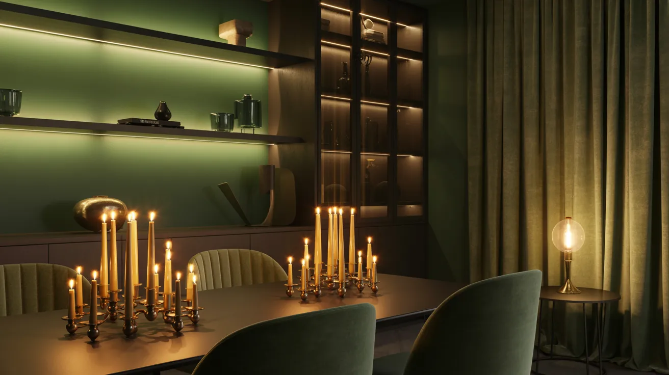 A dimly lit dining room with green walls and velvet curtains. Candles on a table and ambient lighting create a warm, elegant atmosphere. Mood is serene.