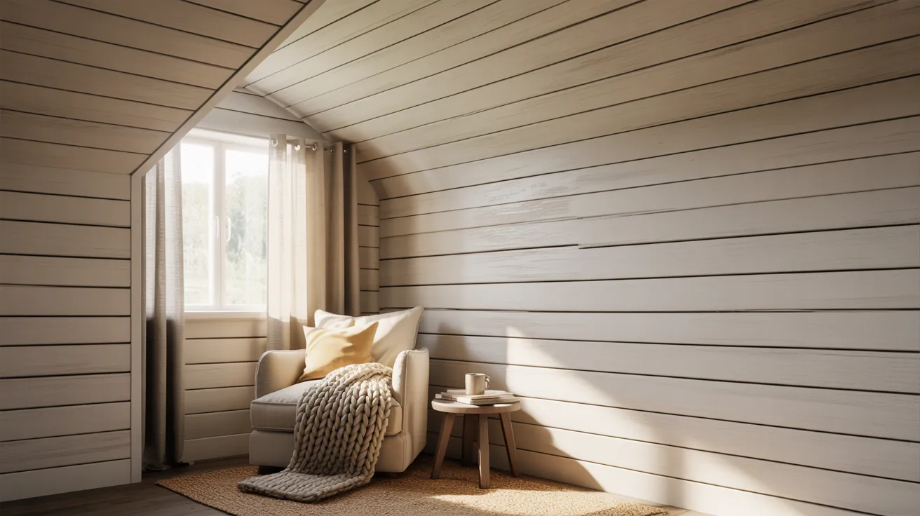 Cozy attic room with wooden walls and a slanted ceiling. Features a soft armchair draped with a knitted blanket, beside a small table with a mug. Mood is serene.