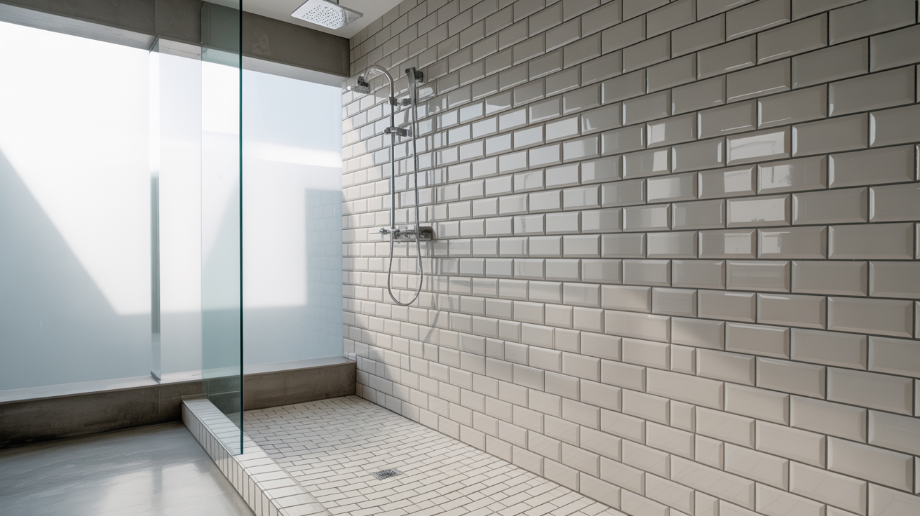 Modern shower with white subway tiles, glass partition, and a rainfall showerhead. Sunlight filters through, creating a clean, airy atmosphere.