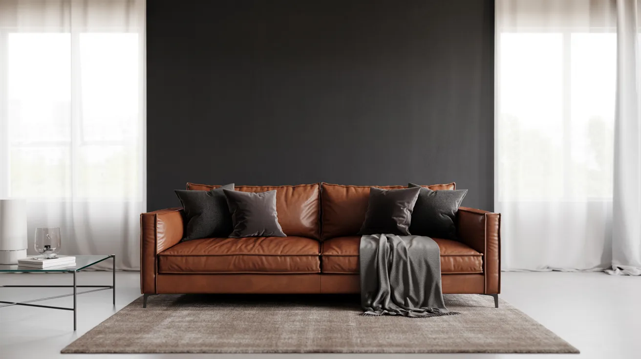 A modern living room features a brown leather sofa with gray and black cushions against a dark accent wall. A soft throw is draped over the armrest. Natural light streams through sheer curtains, enhancing the calm and cozy atmosphere.