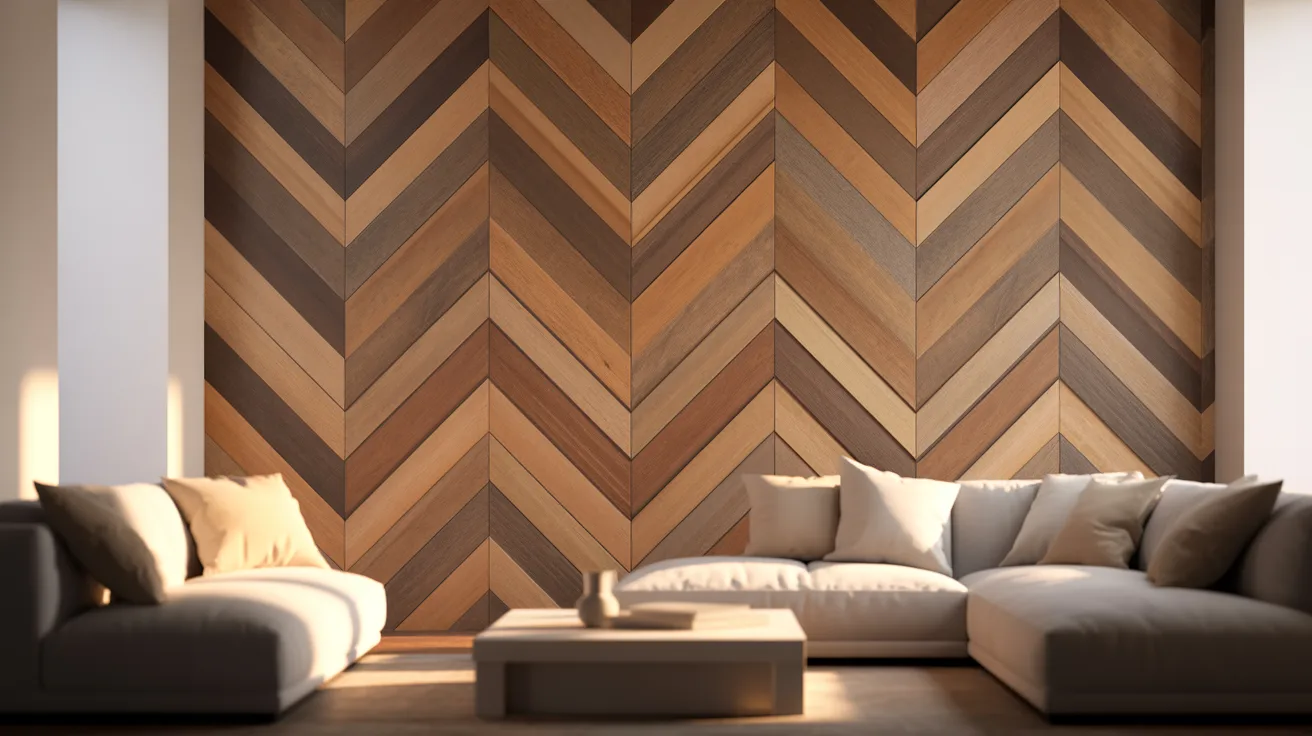 A modern living room featuring a chevron-patterned wooden accent wall in warm tones. Comfortable gray sofas and a minimalist coffee table create a cozy atmosphere.