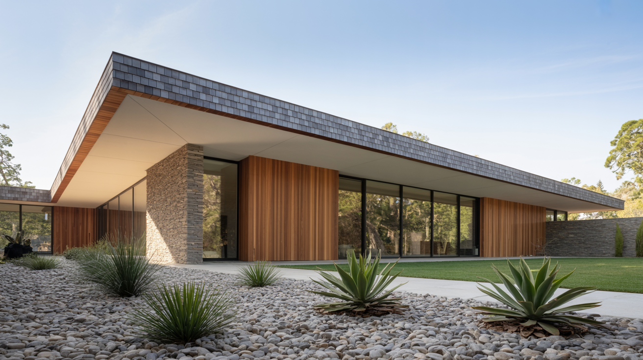 Modern house with flat roof, wood and stone facade, large glass windows. Surrounded by gravel and succulents, conveying a serene, minimalist vibe.