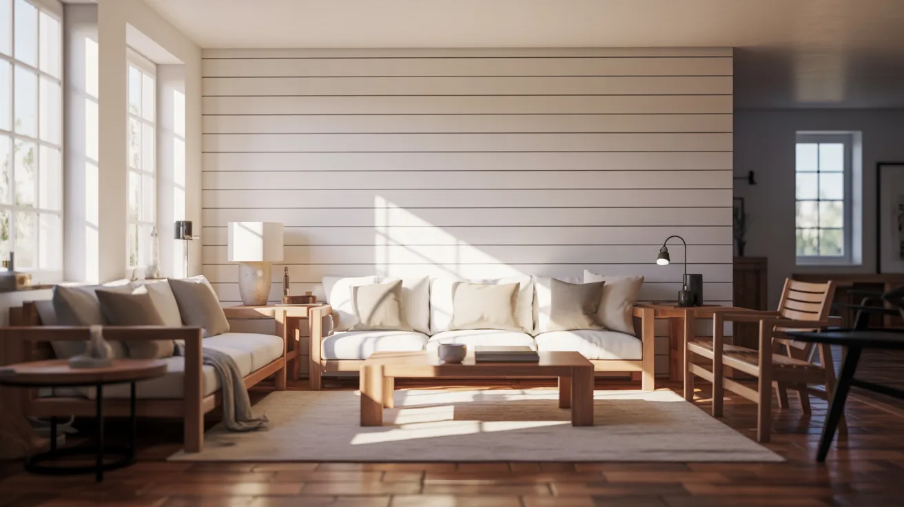 A cozy, sunlit living room with a Scandinavian design features a large beige sofa, wooden armchairs, a coffee table, and soft cushions on a light rug.