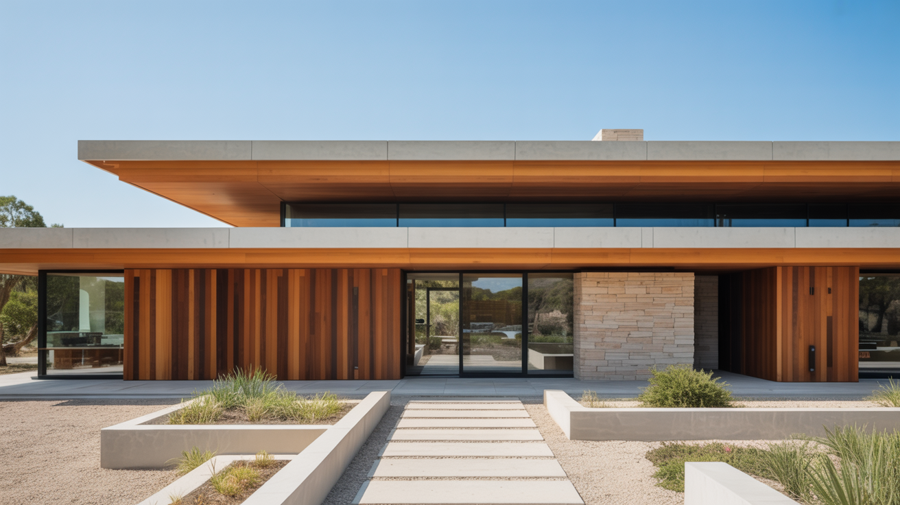 Modern house exterior with clean lines, featuring wooden panels and stone accents. A pathway with square stepping stones leads to the entrance. Clear blue sky.