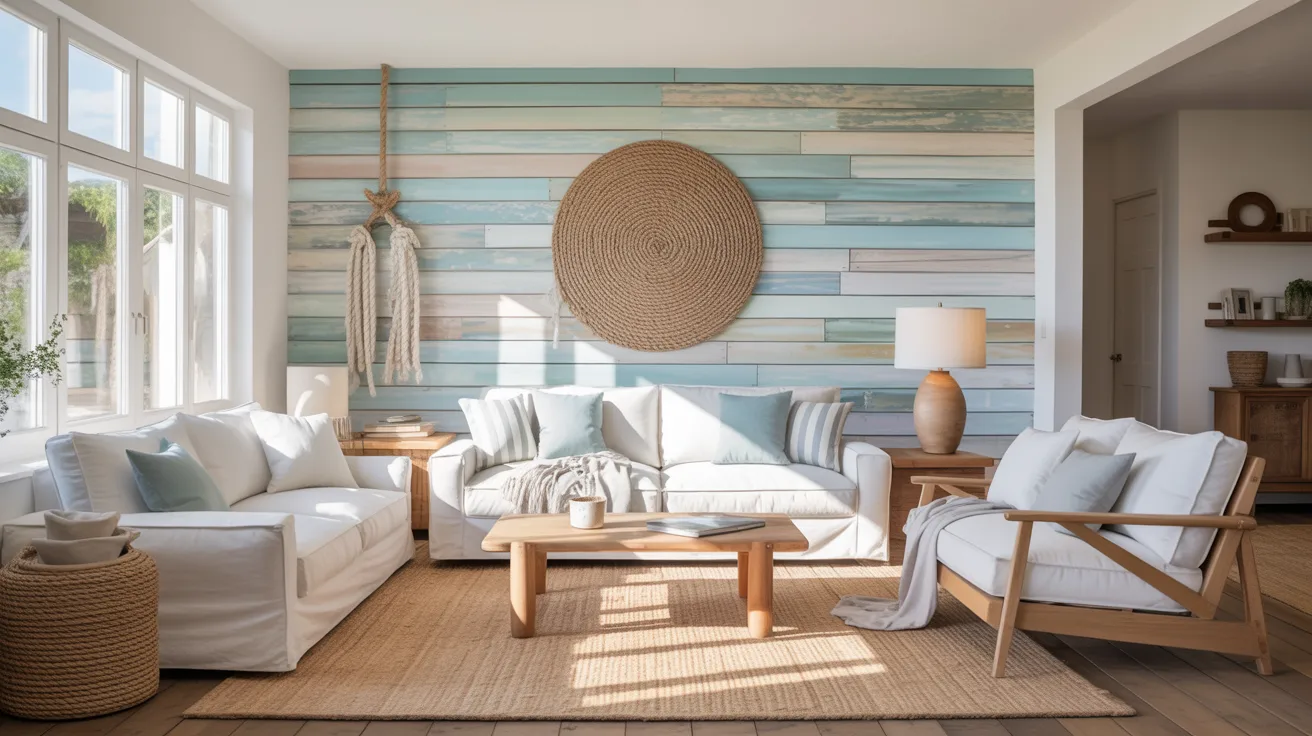 A cozy beach-themed living room with light wood flooring and white couches. The walls feature blue and beige wood panels and a large woven circle. Natural light streams through large windows, enhancing the serene ambiance with soft cushions and a woven rug.