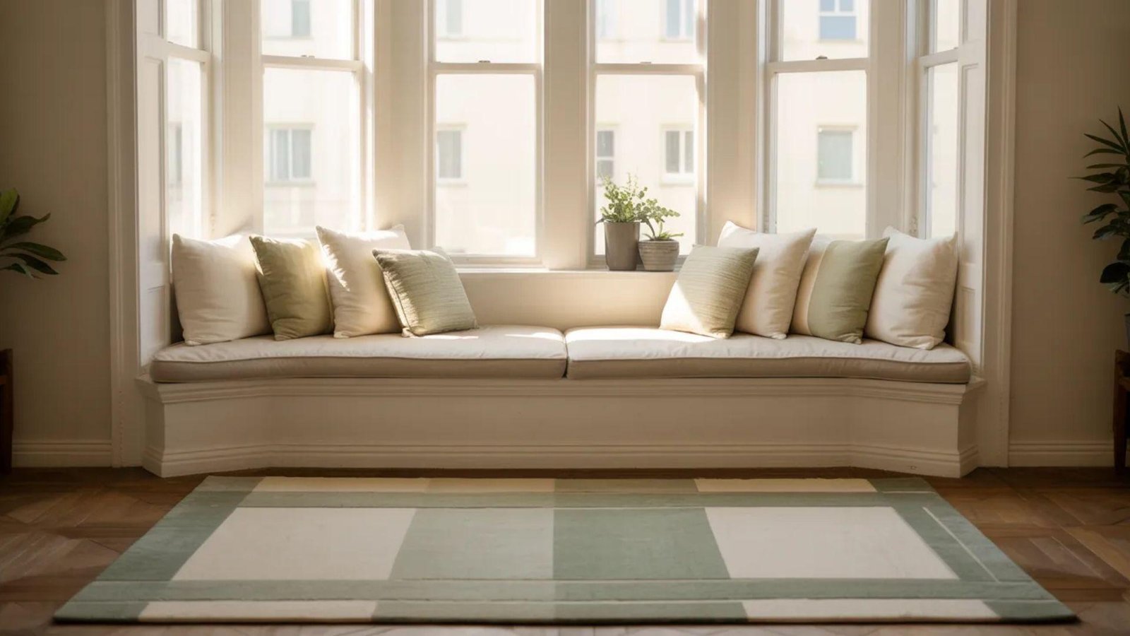 Inviting bay window nook with cushioned bench, soft green and cream pillows, and potted plants. Sunlight creates a serene, cozy atmosphere.