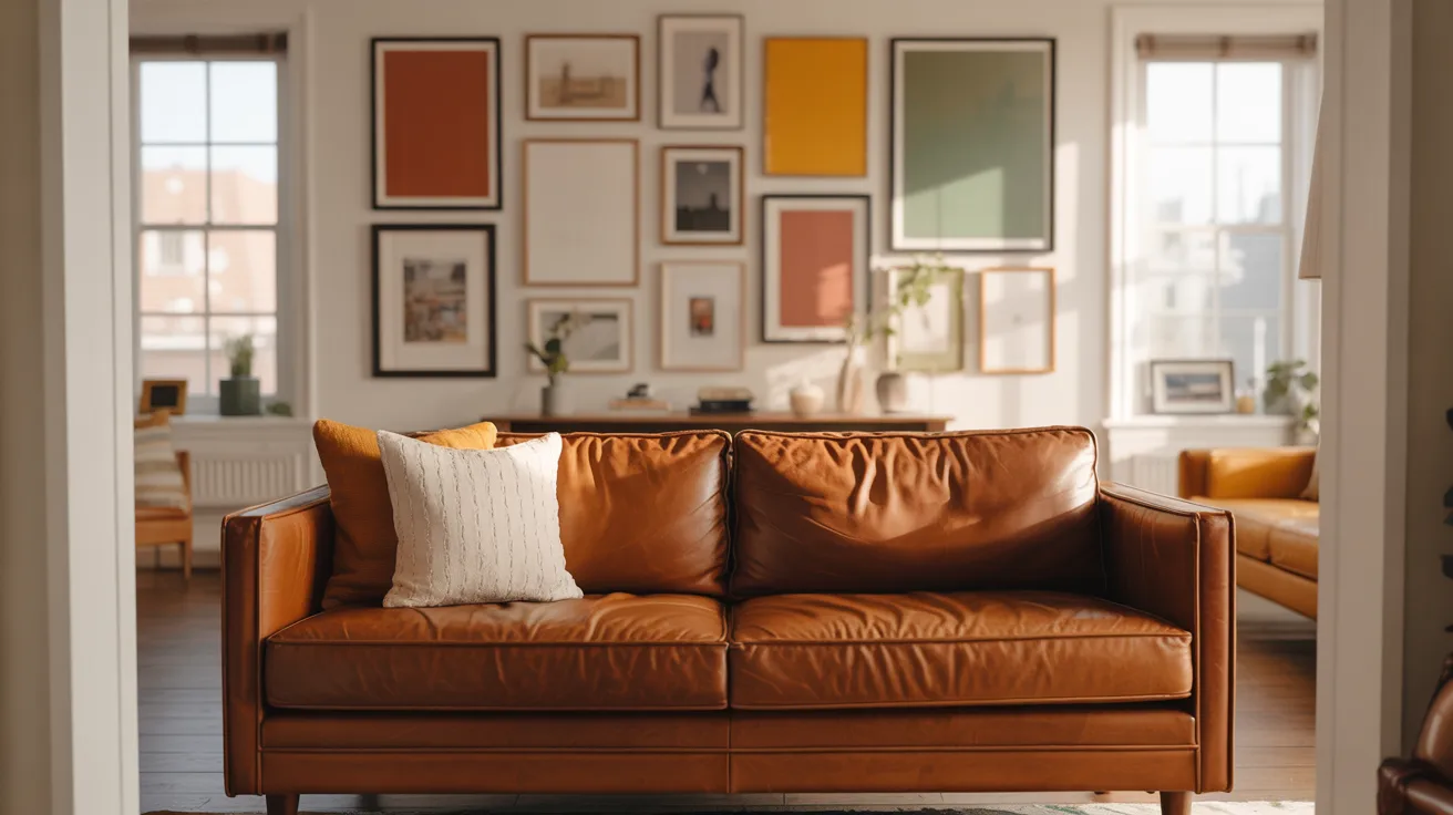 A cozy living room with a brown leather sofa and a white pillow. The wall displays a colorful gallery of framed art. Sunlight filters through two windows.