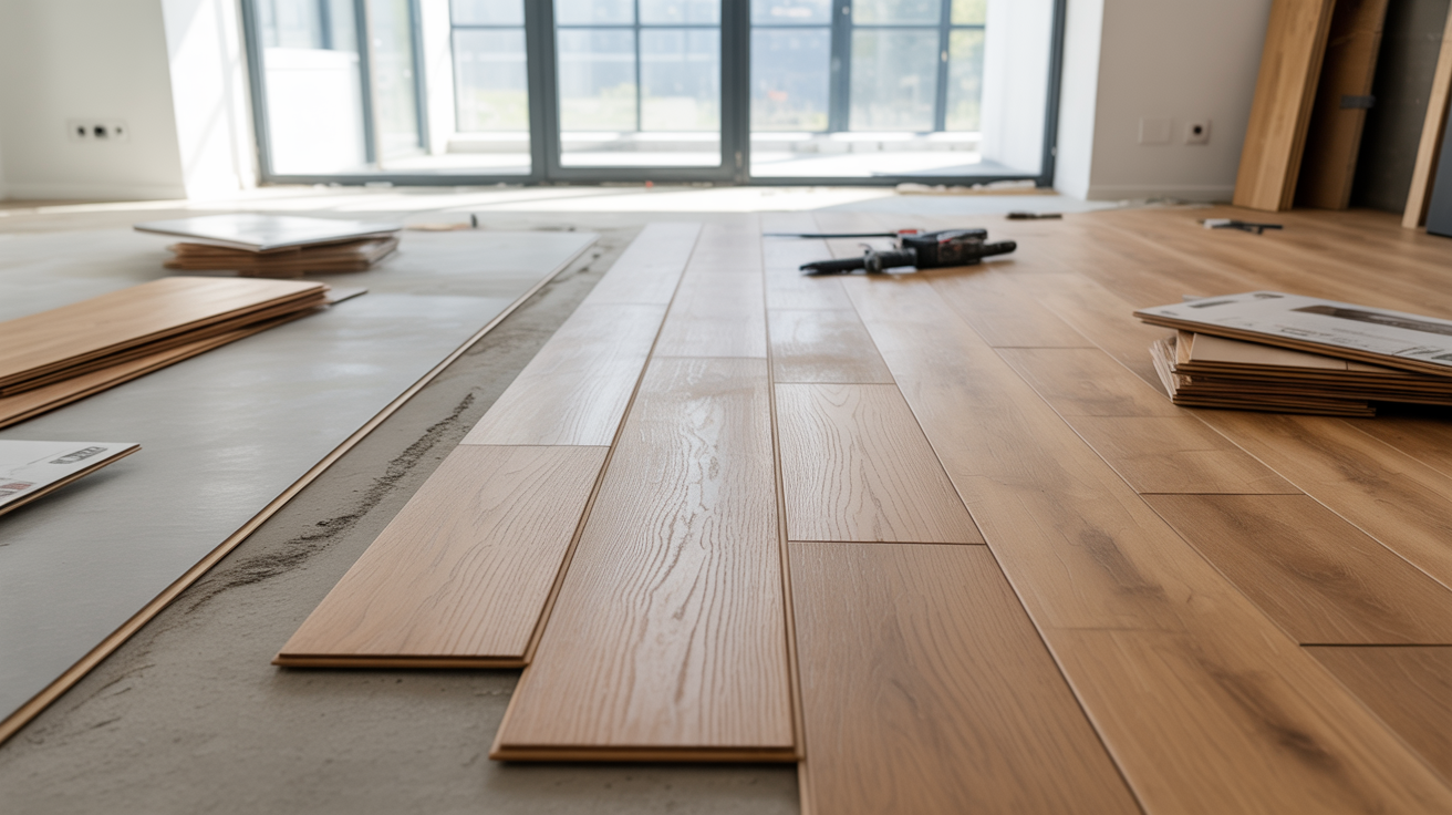 Wooden flooring installation in progress in a bright room with large windows. Tools and floorboards are scattered, creating a warm, industrious atmosphere.