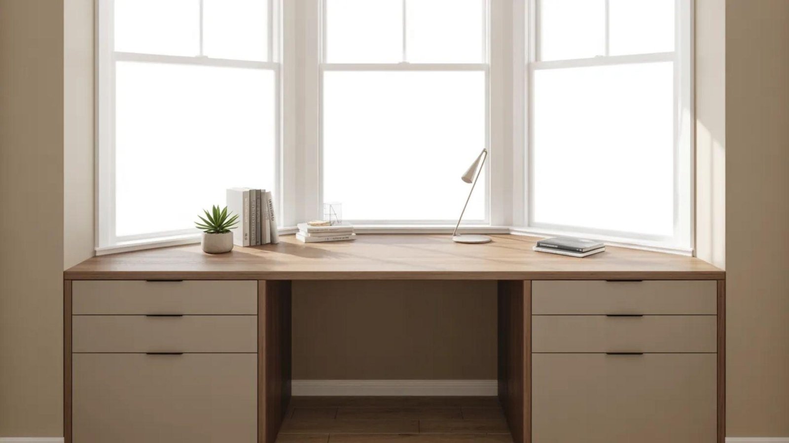 A minimalist corner desk setup under three large white-framed windows. It features beige drawers, a small plant, books, a lamp, and a closed laptop, offering a calm and organized atmosphere.