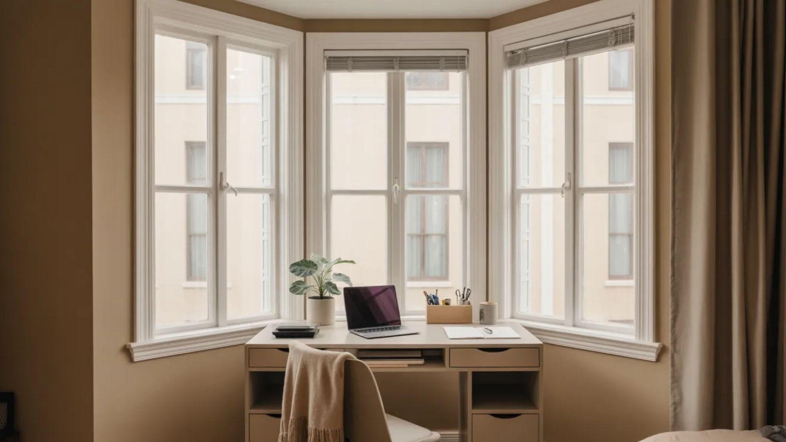 A cozy home office with a laptop on a desk in front of large bay windows. A potted plant and office supplies add warmth and organization.