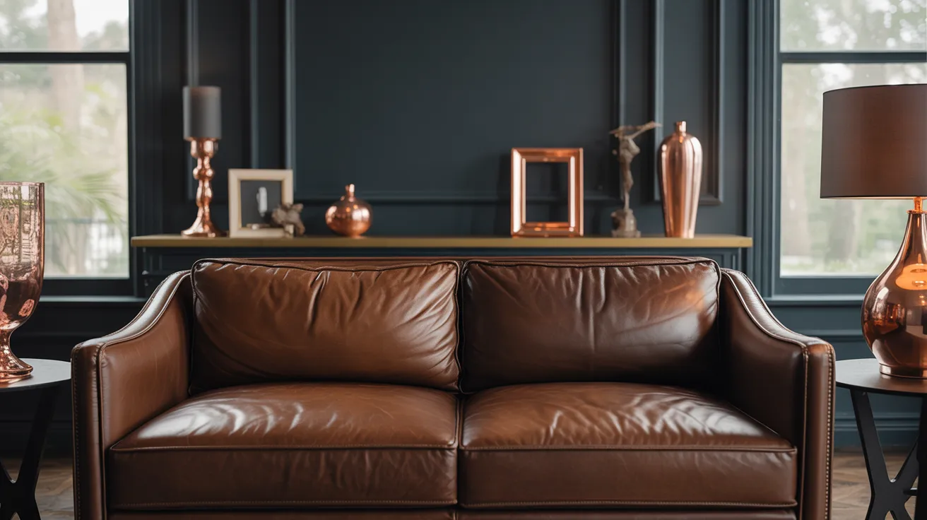 A brown leather sofa placed against a dark-paneled wall, with metallic vases and lamps. The room exudes a warm, elegant, and cozy atmosphere.