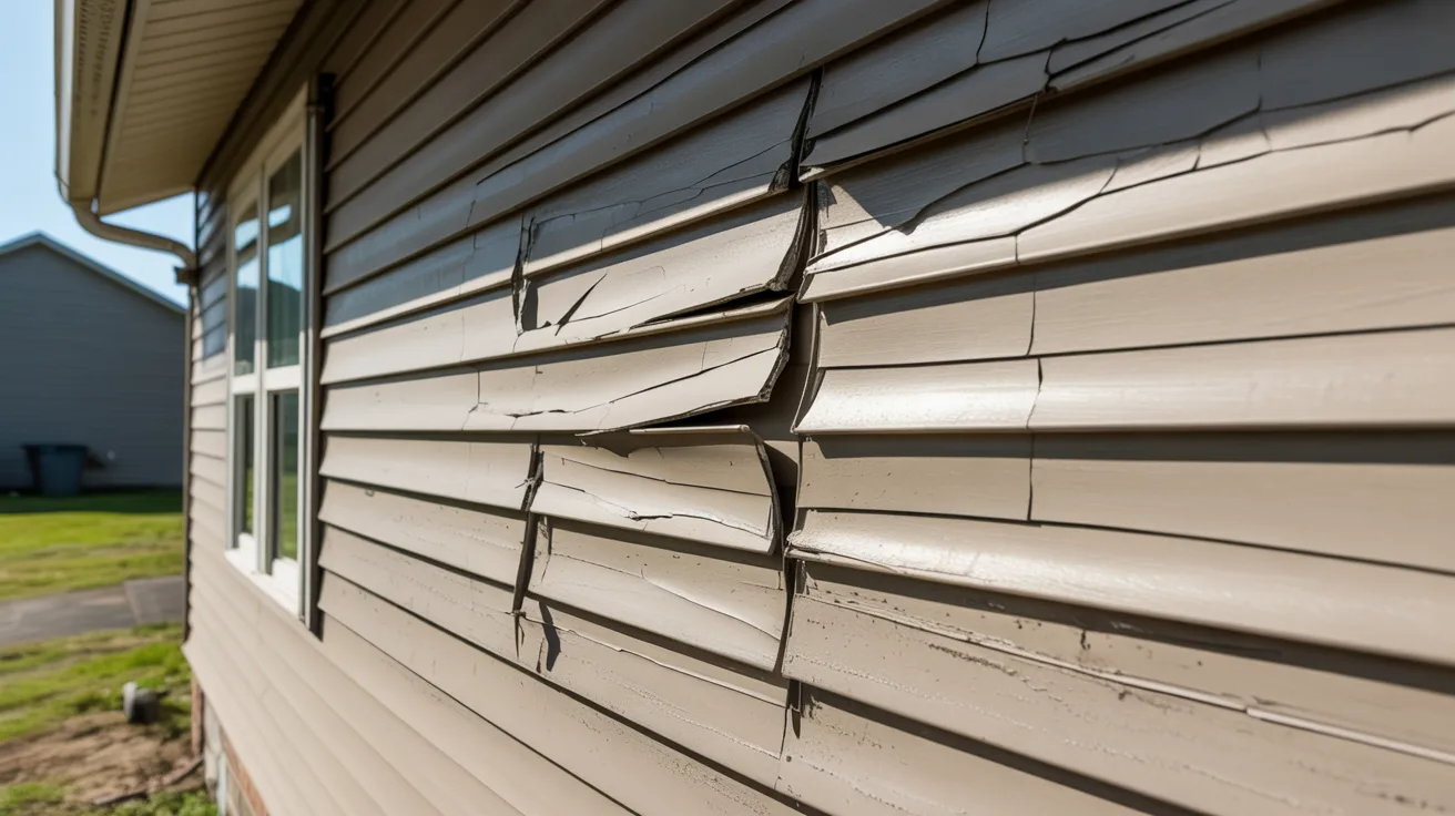 Damaged beige house siding shows cracks and warping, suggesting impact or heat damage. Nearby, a sunny lawn and neighboring house are visible.