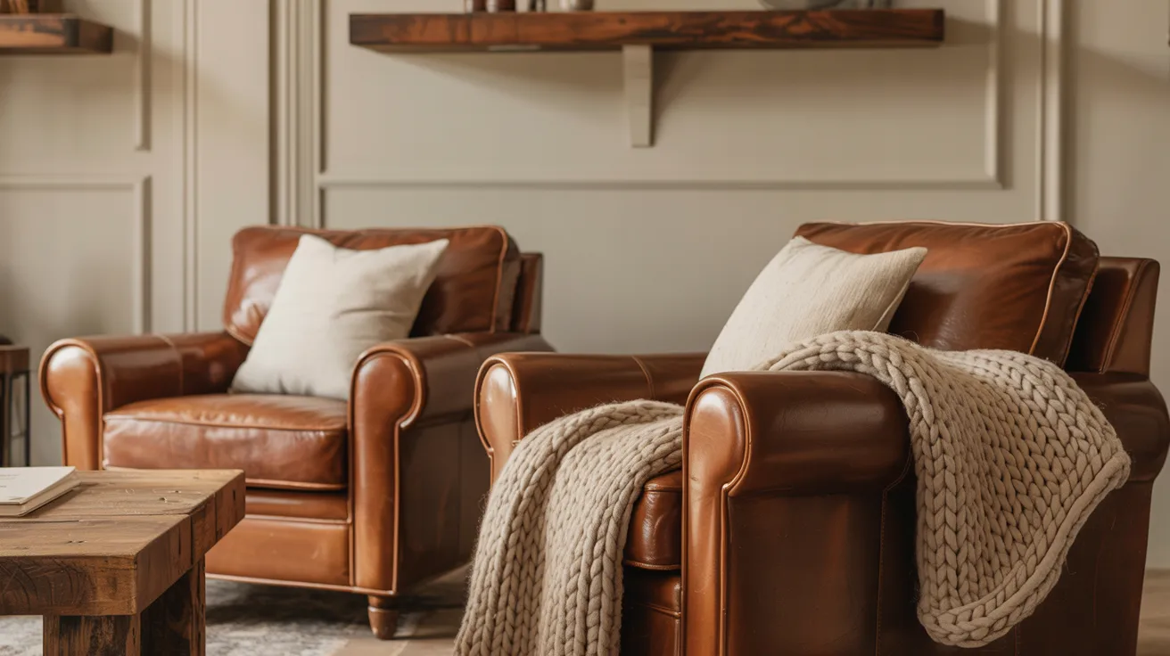 Two brown leather armchairs are adorned with cream pillows and a textured knit blanket, creating a cozy and inviting living room setting.
