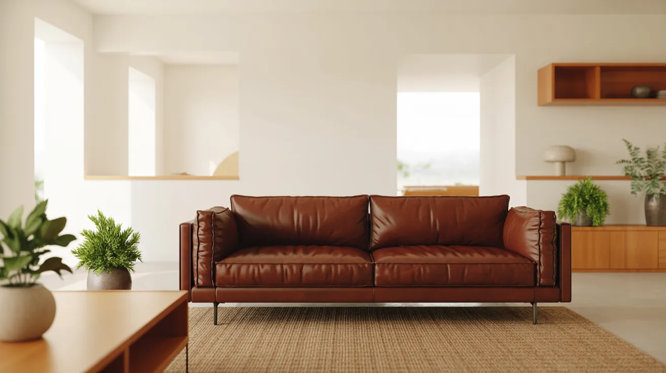 A cozy living room with a brown leather sofa on a textured rug. Potted plants and minimalist decor on light wooden shelves create a serene atmosphere.
