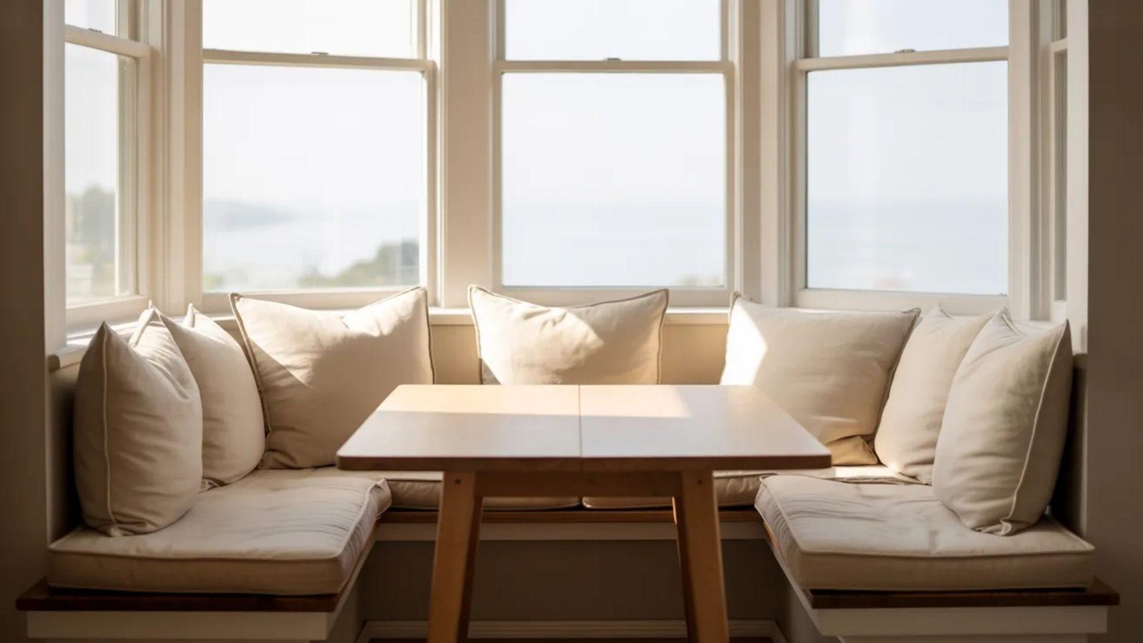 Cozy sunlit breakfast nook with a wooden table, surrounded by cream cushions on built-in benches under large windows with a serene ocean view.