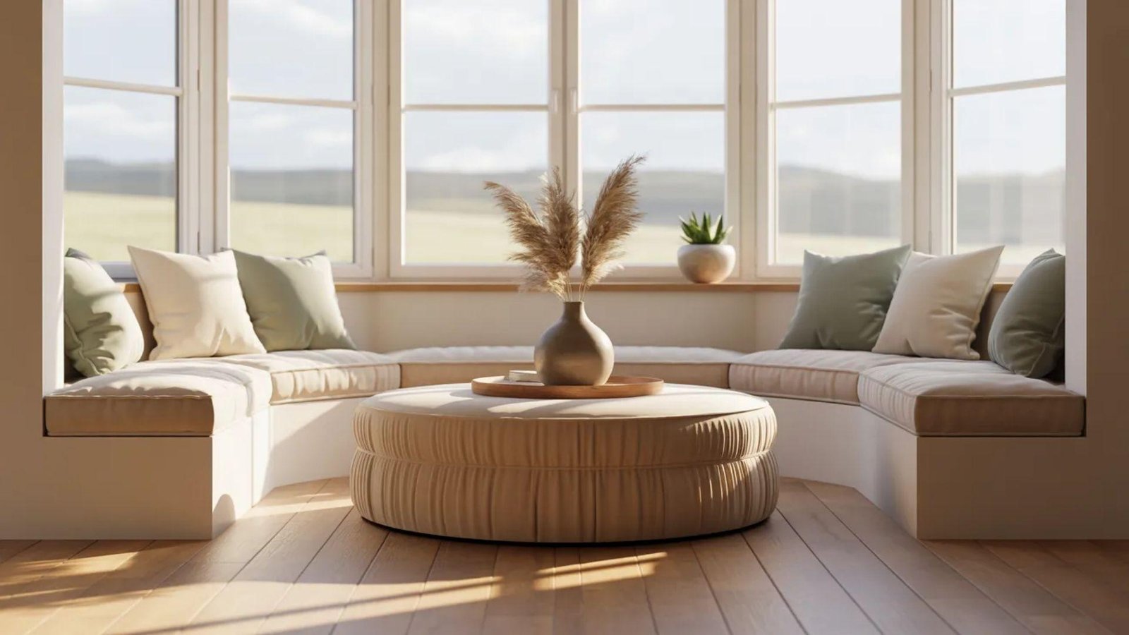 A sunlit room with a curved window seat filled with beige cushions. A round, tufted ottoman with a vase of pampas grass sits on hardwood floors. Cozy and serene ambiance.