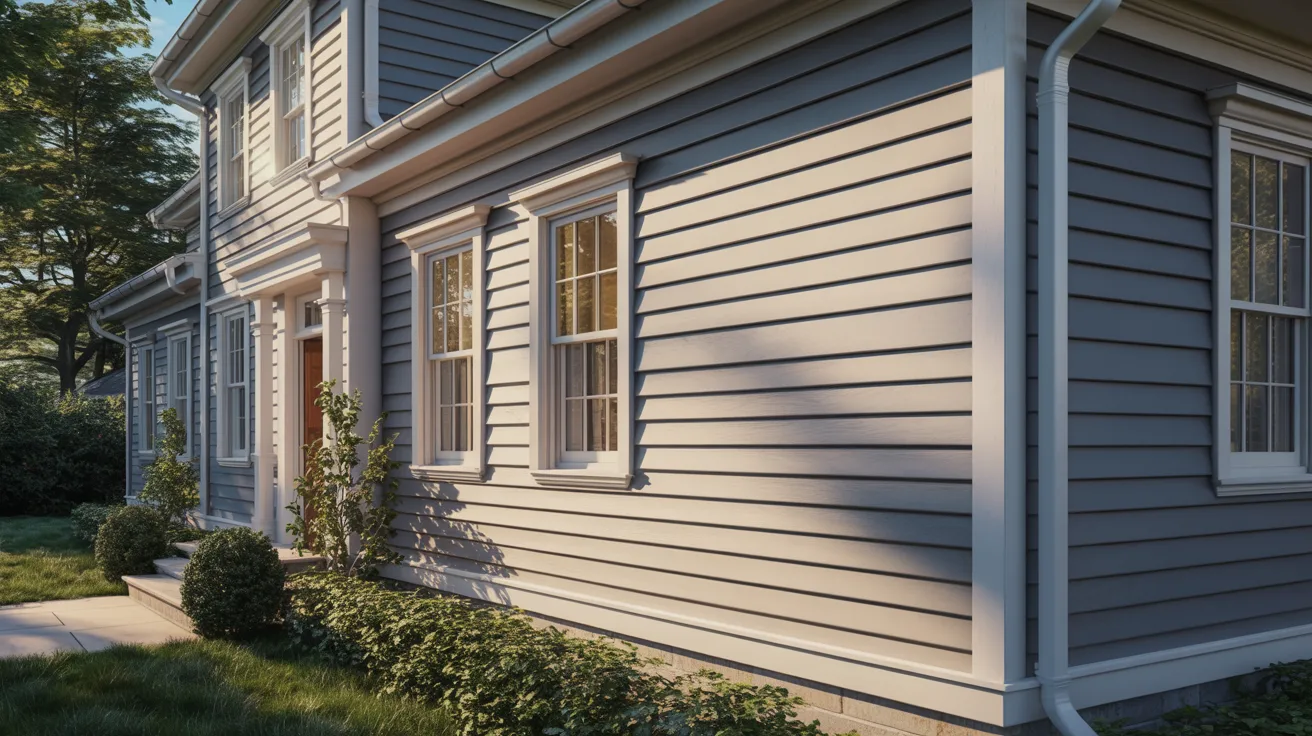 A charming two-story house is bathed in warm sunlight, featuring light blue siding, white-framed windows, and a manicured garden with bushes and plants.