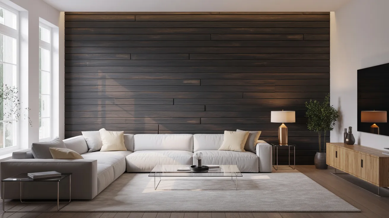 A modern living room with a large white sectional sofa against a dark wood accent wall. Glass coffee table, soft lighting, and minimalist decor create a cozy feel.