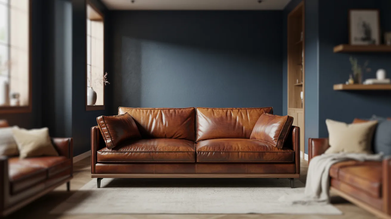 A cozy living room features a brown leather sofa with plush cushions, set against deep blue walls. Sunlight streams through large windows, highlighting neutral decor.