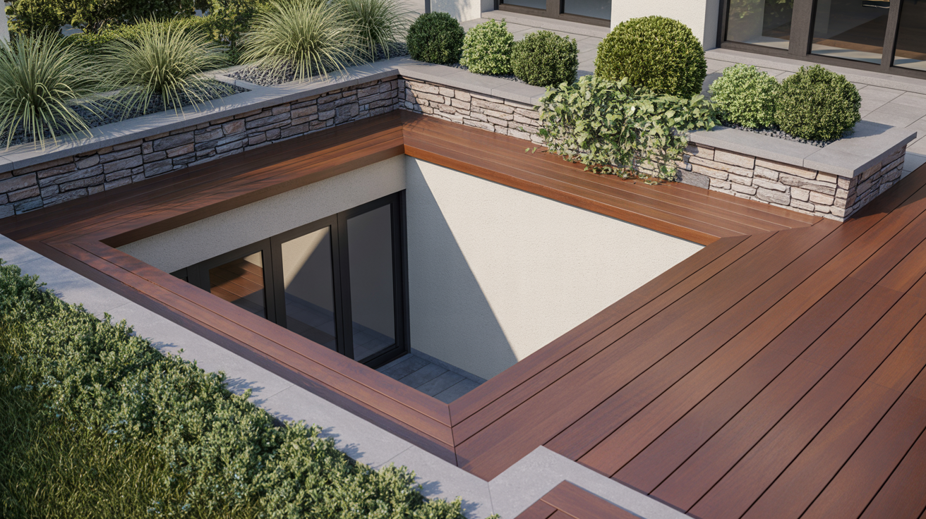 A modern patio with wooden decking surrounds a below-ground window. Stone walls with bushes and ornamental grasses border the clean, minimalist design.