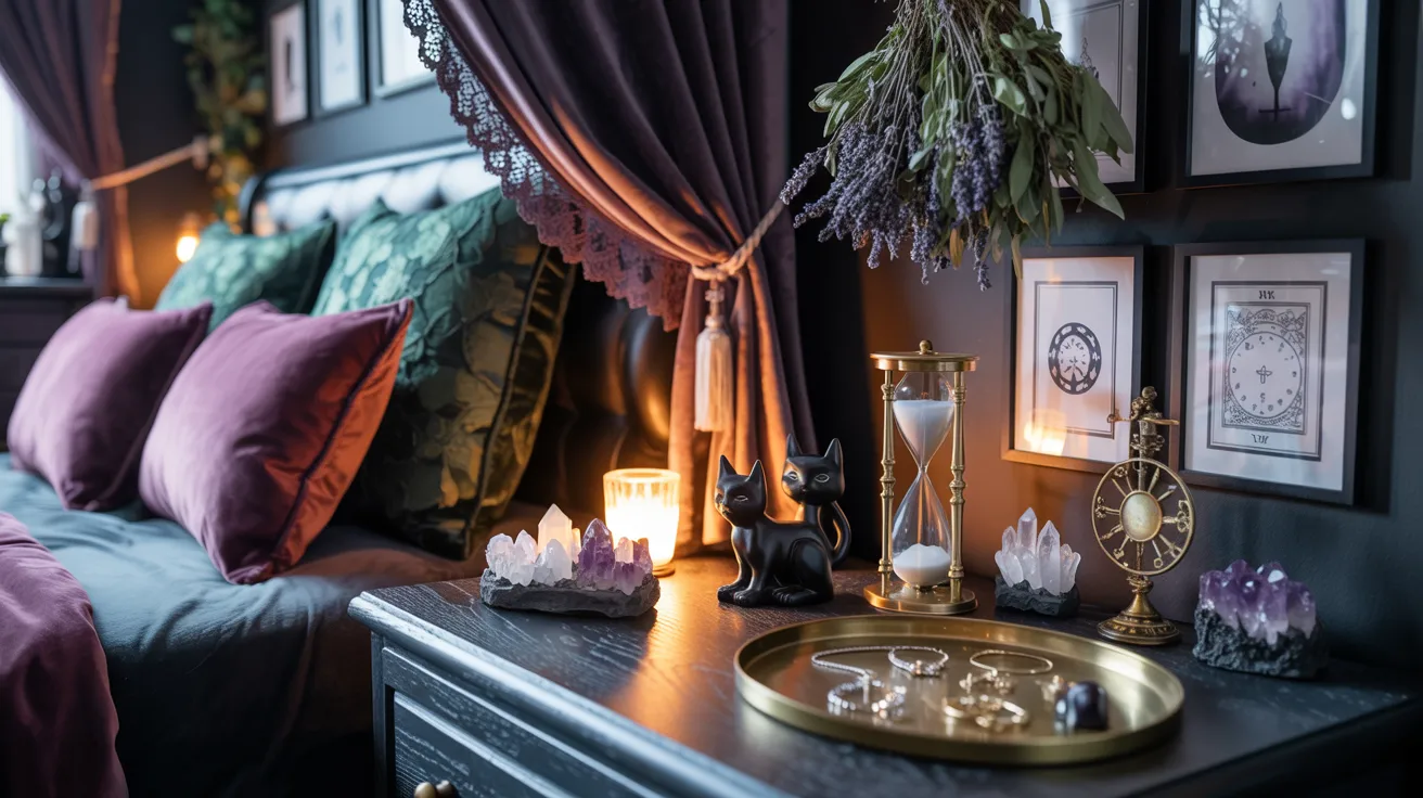 A cozy, mystical bedroom with dark walls, a bed with purple and green pillows, crystals, a sand timer, and ornate decor, creating a magical ambiance.