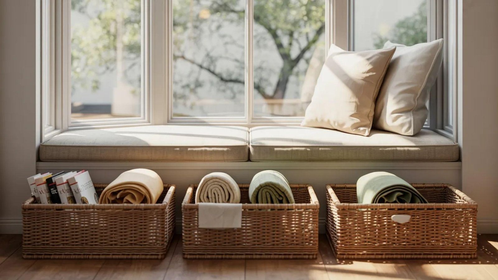 Cozy window seat with cushions, overlooking a sunny garden. Below, three wicker baskets hold rolled towels and magazines, creating a serene, organized space.