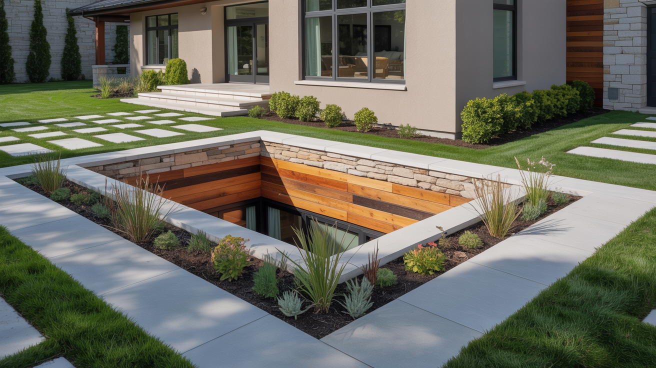 Modern home exterior with a sunken courtyard surrounded by stone and wood walls. Neatly trimmed grass and geometric stepping stones enhance the sleek design.