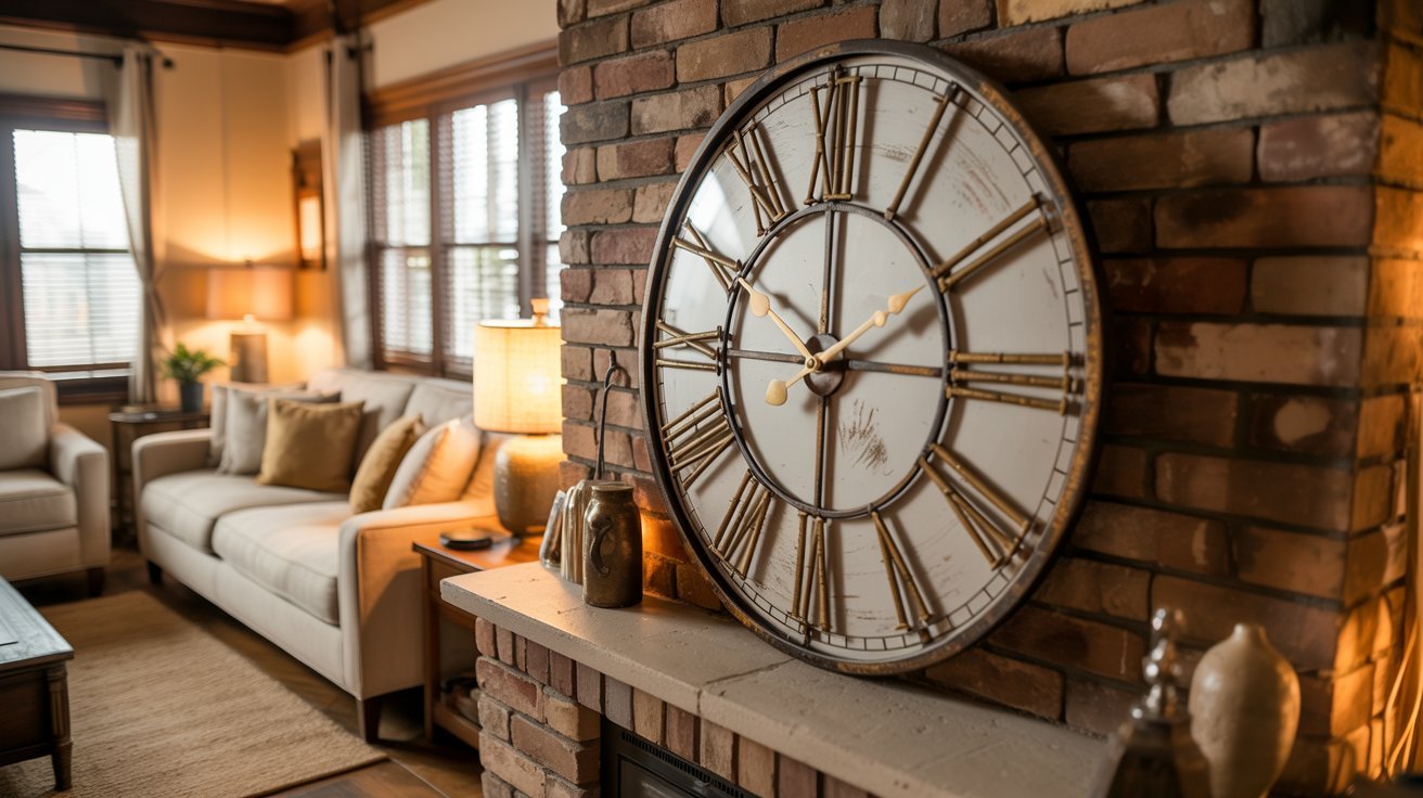 A cozy living room featuring a large wall clock, adding a classic touch to the inviting space.