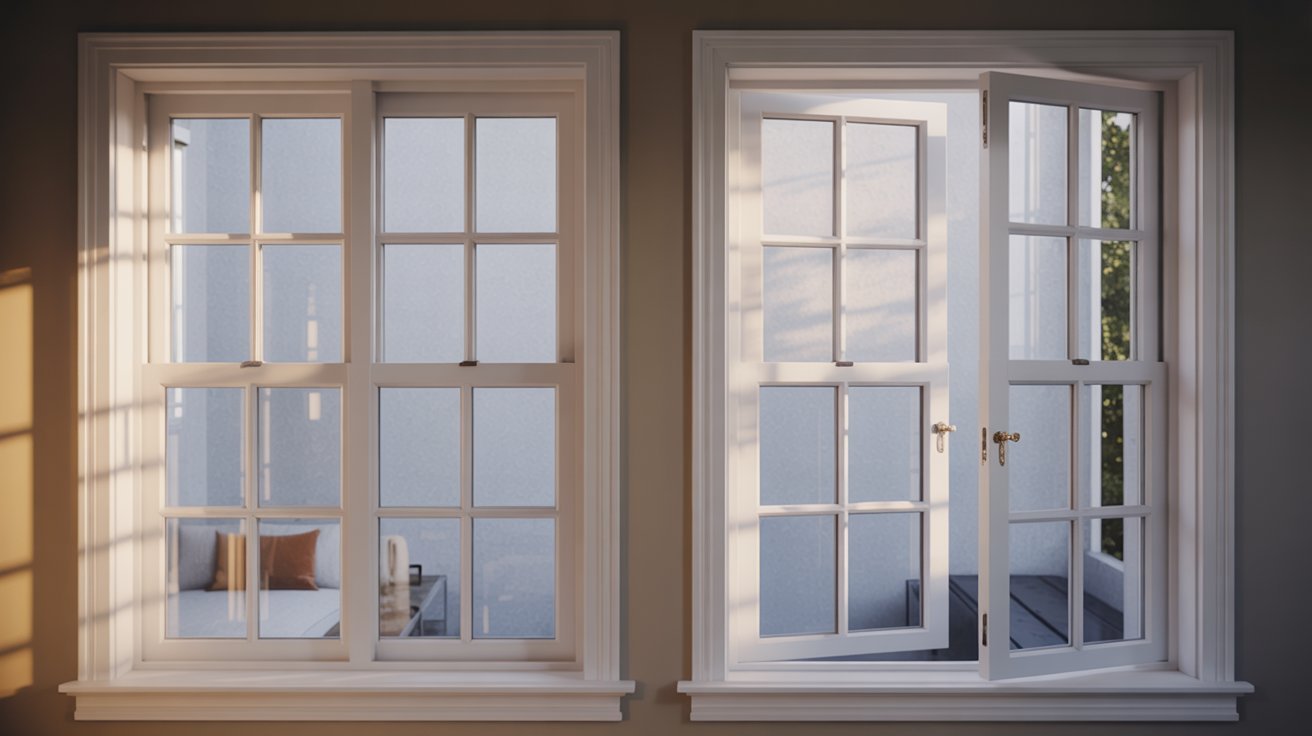 A white-framed window beside a cozy couch in a well-lit room, creating a welcoming atmosphere.