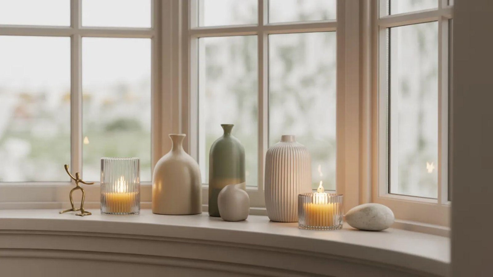 A cozy windowsill scene with soft lighting, featuring assorted vases in muted tones, glowing candles, a small sculpture, and a smooth stone, casting a serene ambiance.