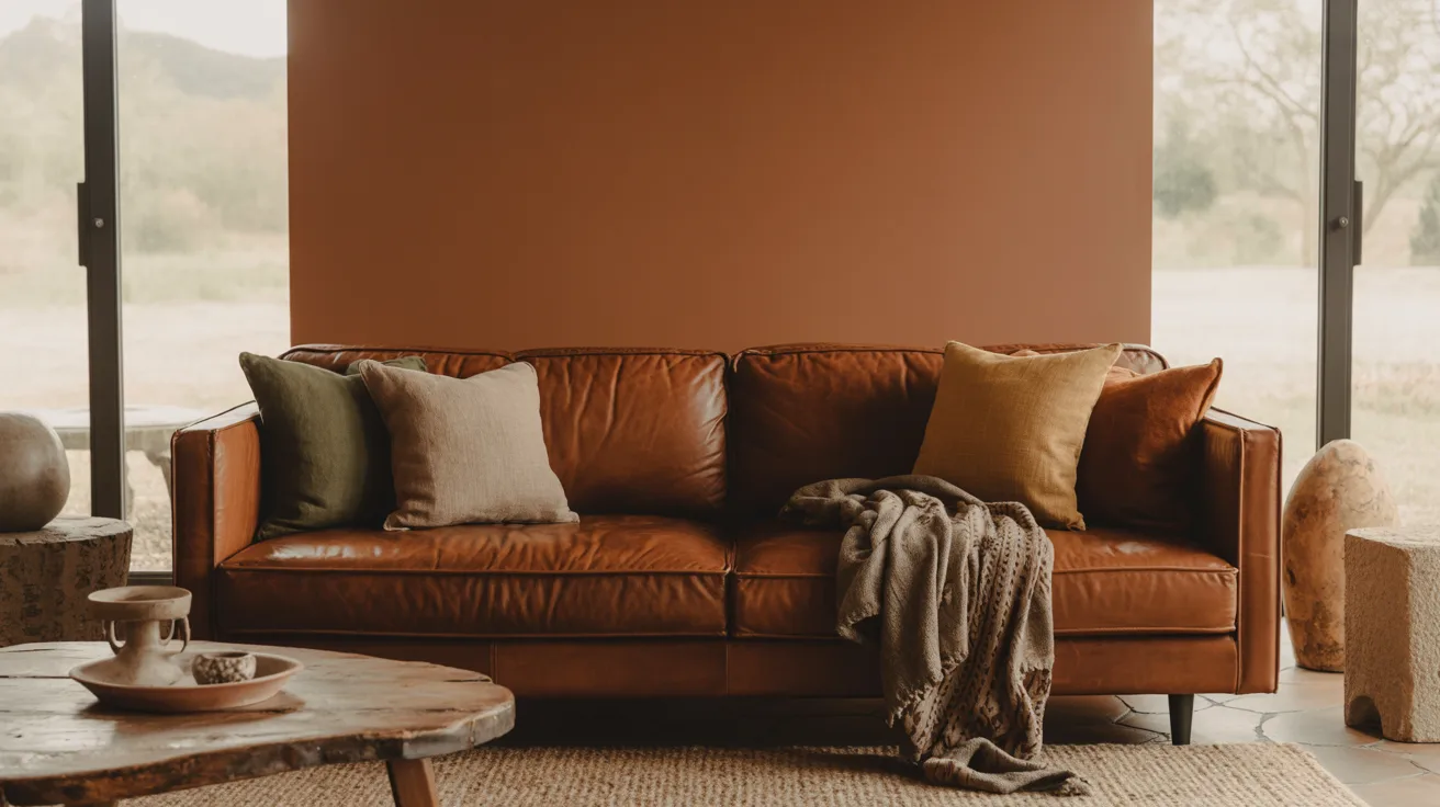 A cozy brown leather sofa with assorted earth-toned pillows and a draped textured blanket. Set against a warm brown wall and large windows, evoking comfort.