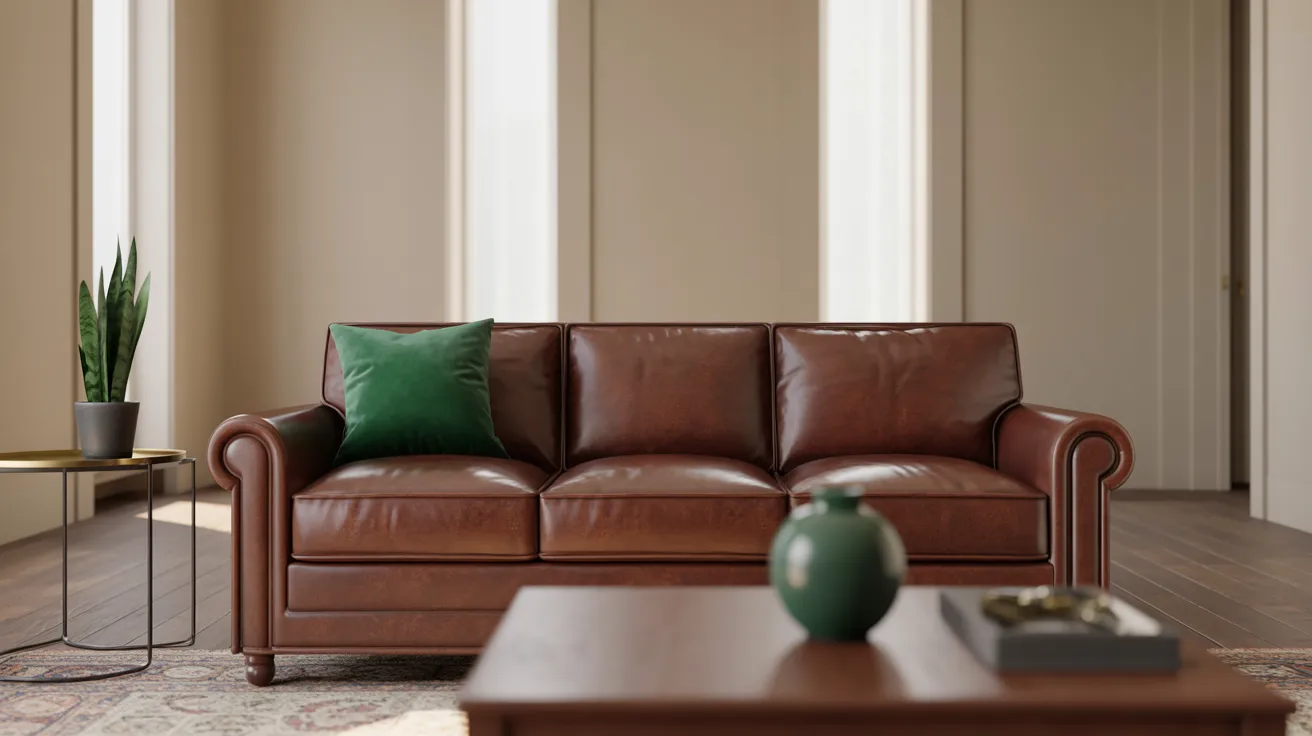 A cozy living room with a brown leather sofa, a green cushion, and a small table with a plant. A wooden coffee table holds a green vase.