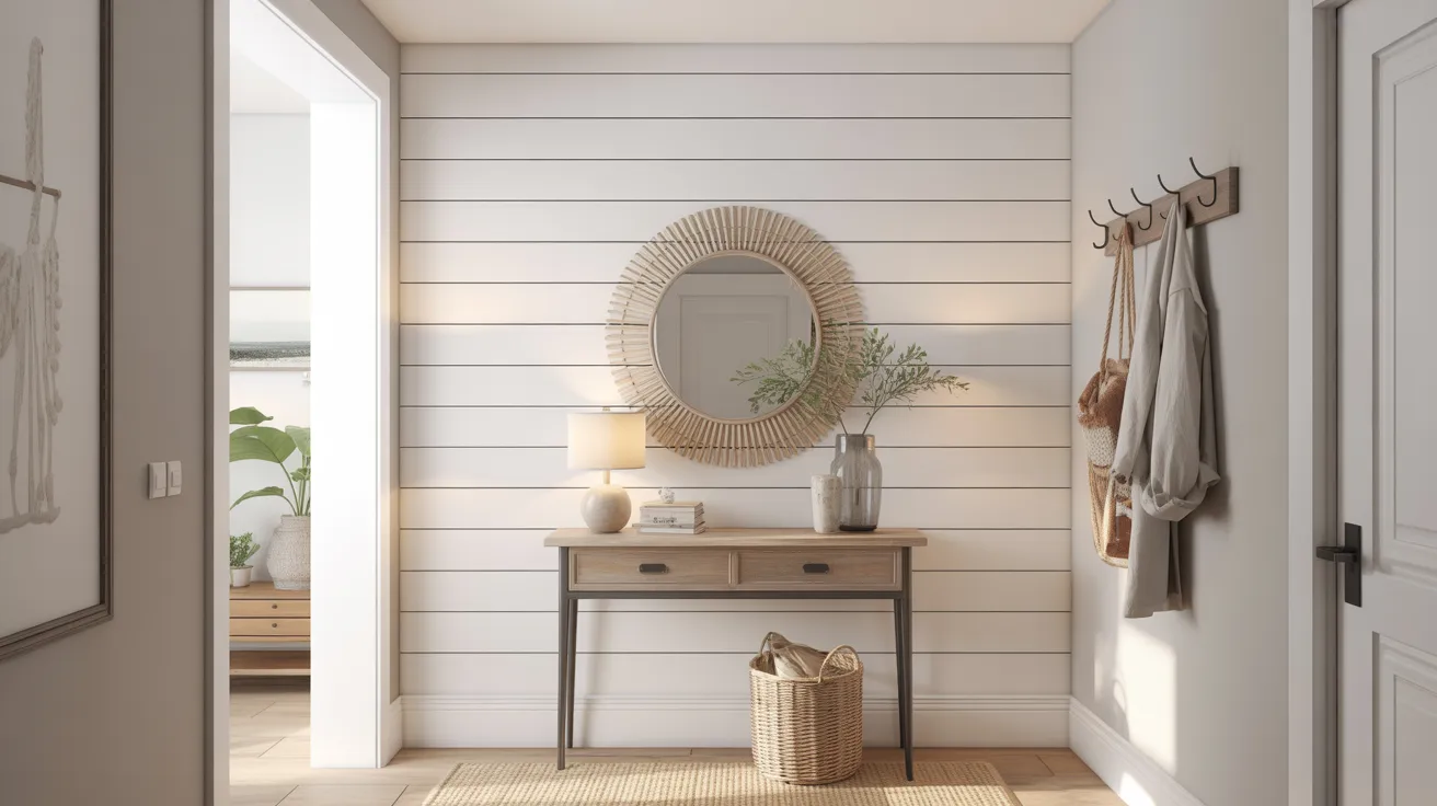 A cozy entryway with a wooden console table, a round mirror, and a table lamp. A wicker basket sits below. Neutral tones and a peaceful ambiance prevail.
