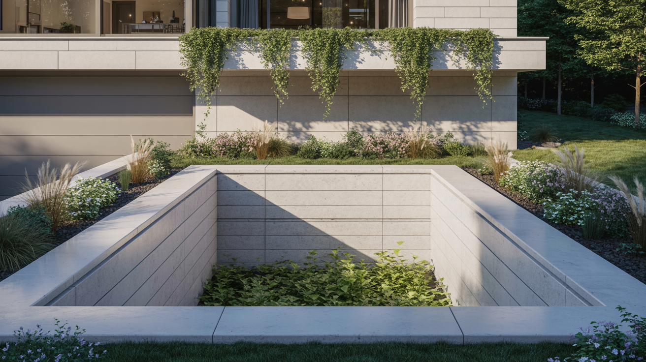 Modern house exterior with a sunken garden, bordered by lush plants and a cascading vine. Calm, elegant atmosphere with soft natural light.