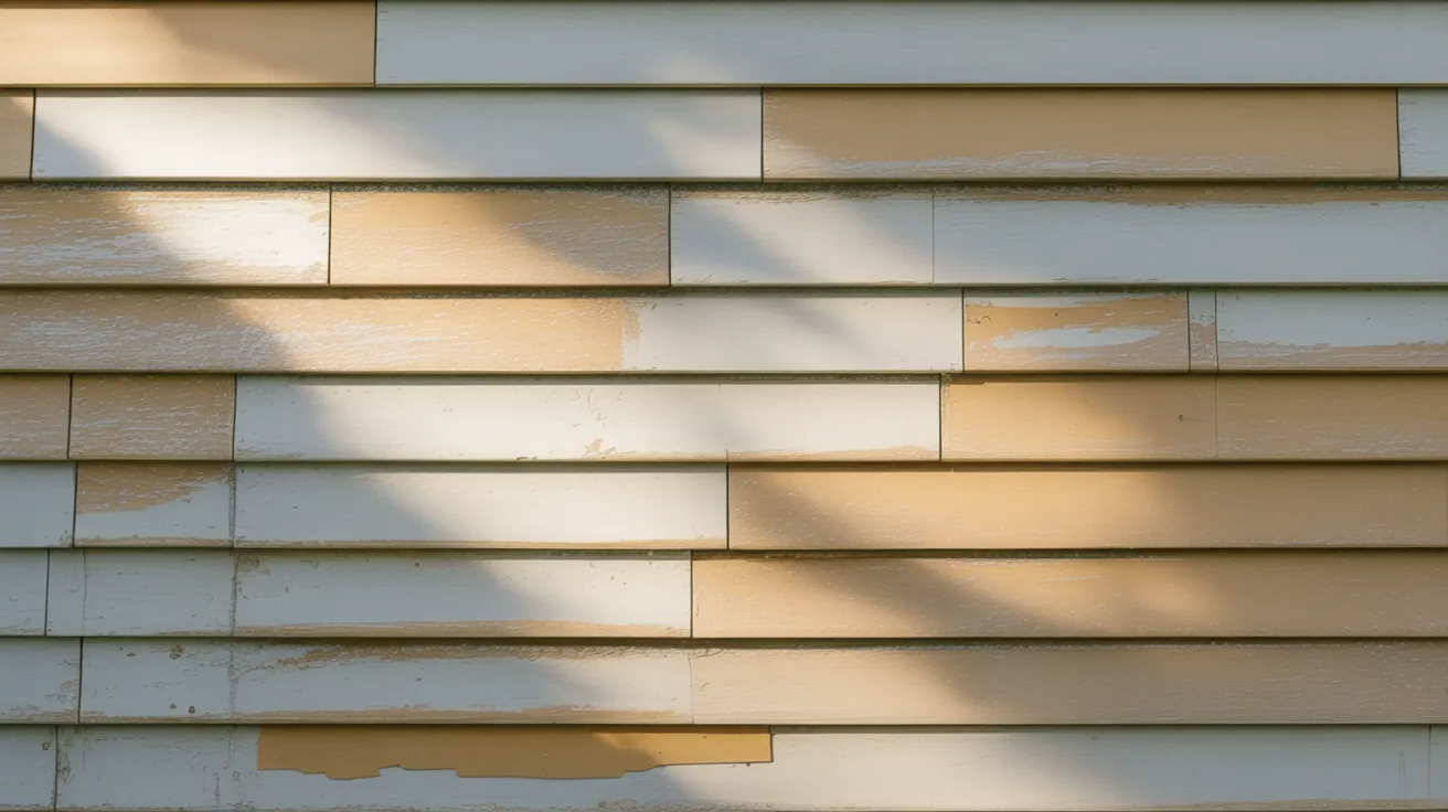 Close-up of weathered beige and white horizontal wooden siding, with peeling paint and shadows cast by nearby trees, conveying a rustic and aged feel.